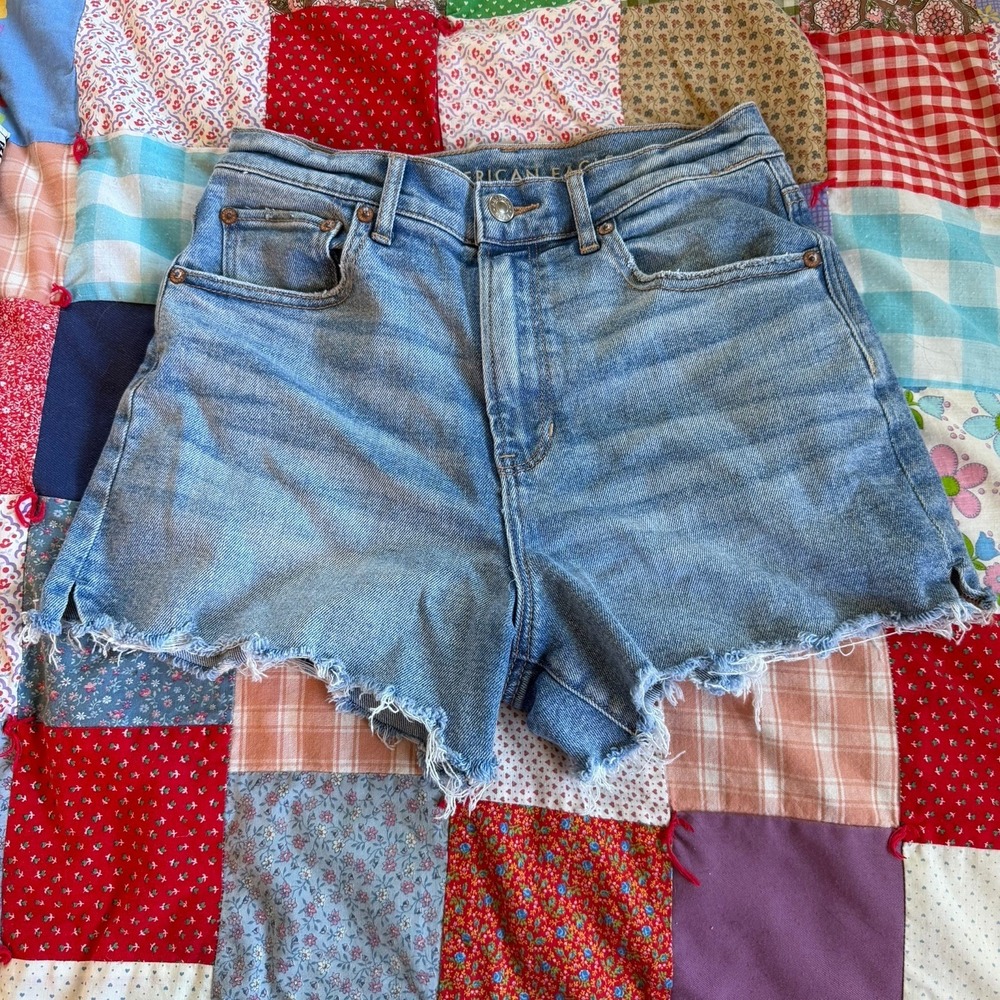 American Eagle Denim Shorts Womens 4 Blue High Rise Stretch Raw Hem Festival